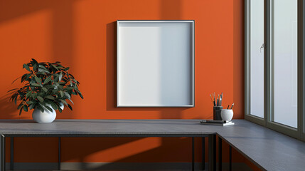 A modern home office with a blank frame mockup on a grey table, deep orange wall fostering a dynamic work environment.