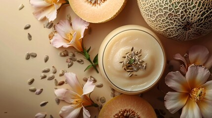 Healthy vegan milk made from alternative melon seeds, showcased on a beige background in a vertical format.