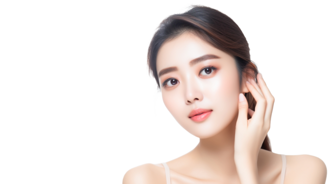 Beautiful young asian woman with perfect skin touching her face isolated on transparent png background. Cosmetology, beauty and spa concept.
