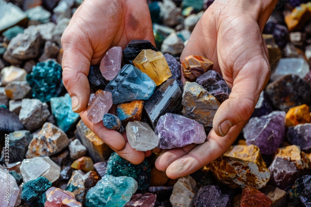 Poster two hands holding a vibrant collection of various gemstones and crystals showcasing a range of textu