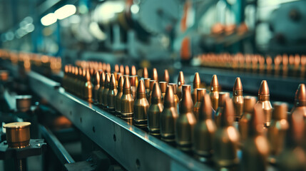 Ammunition Production Line in Factory. Close-up of bullets on an ammunition production line, highlighting the precision and automation in a munitions factory.