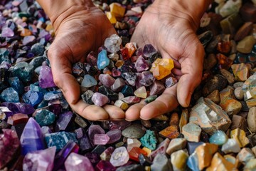 Two hands gently cradling a variety of colorful crystals, depicting concepts of care and value