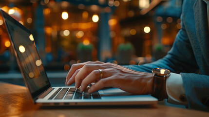 Close-up of a businessman working on a laptop in a coffee shop