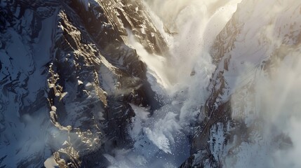 Cliff face of a peak giving way, avalanche of snow and ice, bright sunlight, close-up shot, powerful impact, dramatic realism