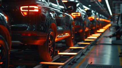 Obraz premium Close-up of SUVs on an automated assembly line in a factory, showcasing modern vehicle manufacturing and production efficiency.