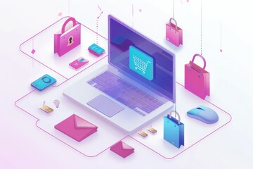 Obraz premium Futuristic Digital Illustration of E commerce Security with Shopping Icons, Locks, and Secure Online Transactions