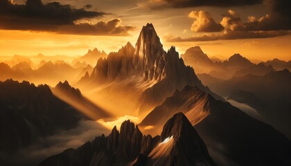 An image of a Mountain peak over a vast, during golden hours