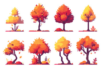 Pixel autumn yellow trees and bushes collection for arcade game assets isolated on white background