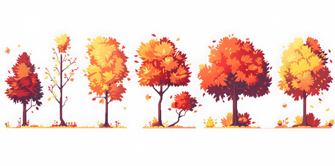 Pixel autumn yellow trees and bushes collection for arcade game assets isolated on white background