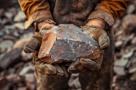 Dusty hands with protective gloves holding a clayish stone, emphasizing field exploration