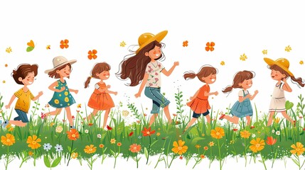 Kids playing hide and seek, outdoor game. Woman blindfold and children, joyful activity in nature. Happy summer recreation with boys and girls. Flat vector illustration isolated on white background