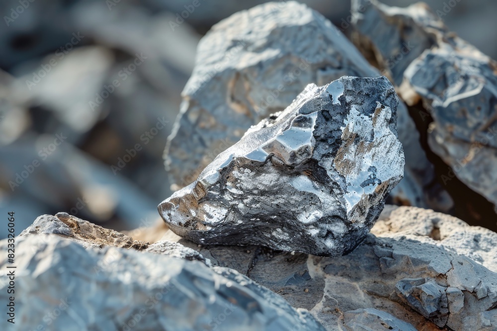 Poster a close-up photo showcasing the intricate textures and reflective surfaces of metallic rocks
