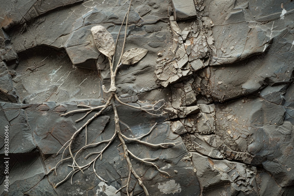 Poster A desiccated plant appears embedded in a rock slab, highlighting the texture and patterns of fossilization