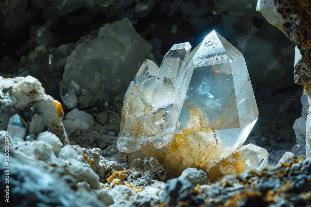 Poster striking image of quartz crystal clusters with a warm glow in a natural underground setting