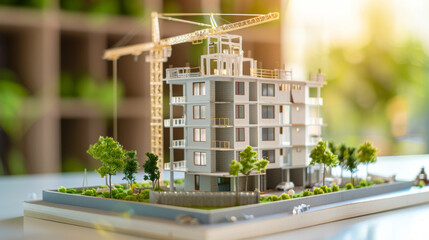 Miniature construction model basks in a golden-hour glow, symbolizing urban development.