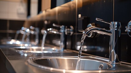 Row of metal sink faucets with water flowing