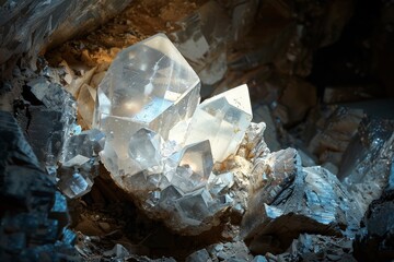 A captivating image of a large, glowing crystal formation nestled among other minerals in a cave's darkness