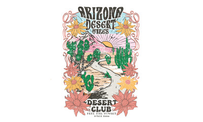 Arizona adventure graphic print design for t shirt. Desert vibes artwork. Cactus with flower.