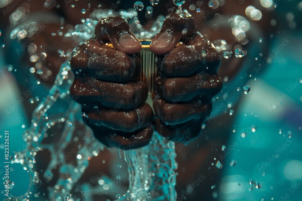 Aufkleber Close-up image capturing the dynamic moment of hands cupped together with water splashing around them, emphasizing the interaction
