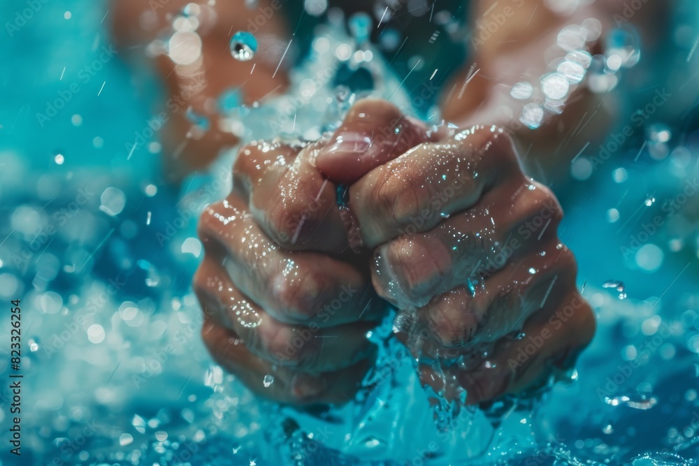 Poster A powerful image depicting clenched fists being splashed with water, creating a sense of strength and willpower