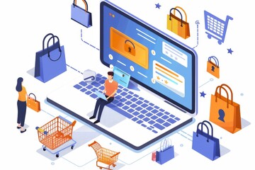 Obraz premium Illustration of Secure Online Shopping with Digital Locks, Shopping Carts, and Technology Elements