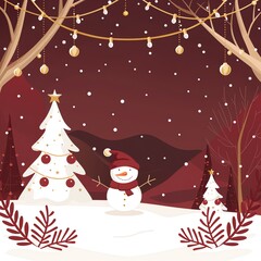 A Christmas card, vector illustration, burgundy background, gold glitter elements, Snowman, Christmas tree