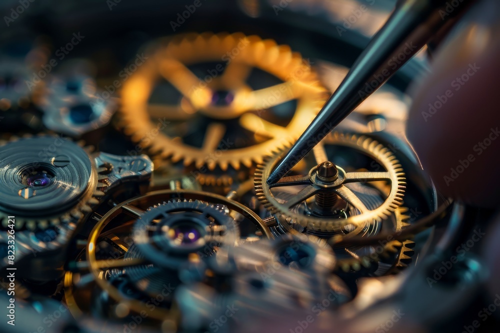 Poster the detailed work of a watchmaker is captured as they adjust the gears inside a mechanical watch