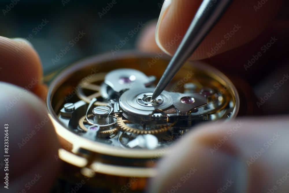 Aufkleber Macro shot of a skilled watchmaker repairing a complex watch movement with precise tools