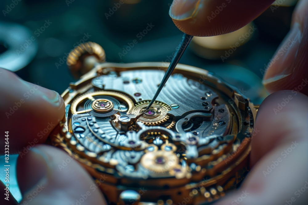 Poster Close-up image highlighting the detailed assembly of a high-end gold watch movement by a professional