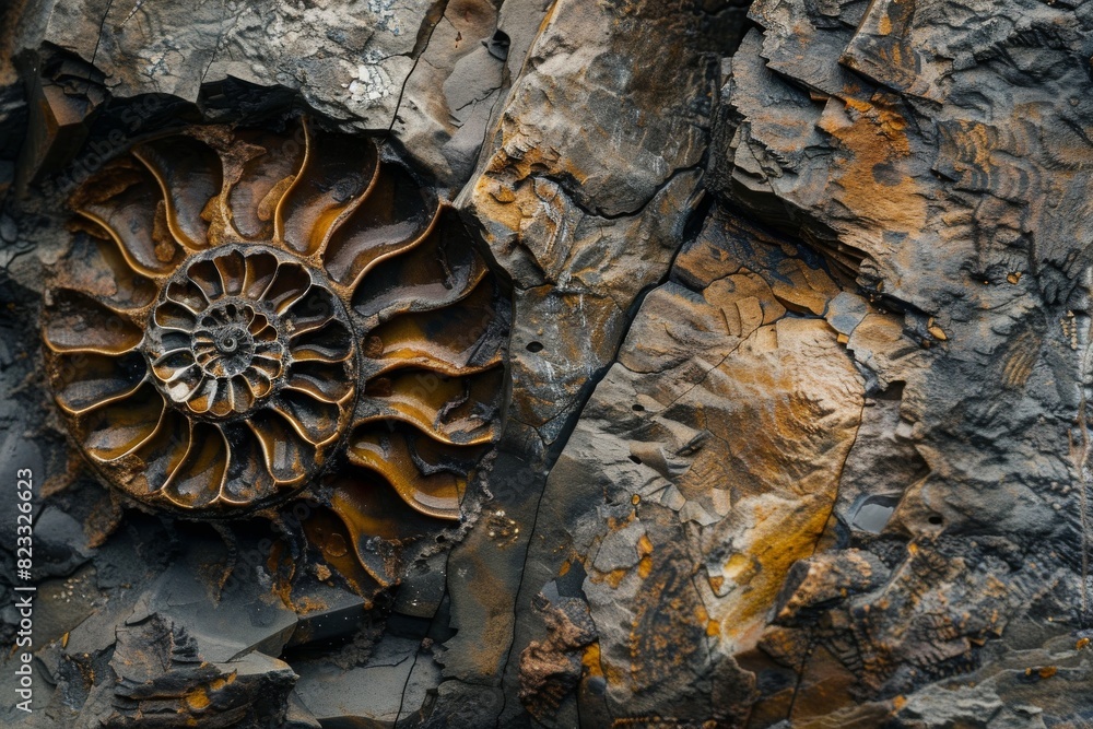 Leinwandbilder This striking image showcases an ancient fossilized ammonite embedded within a rugged rock surface