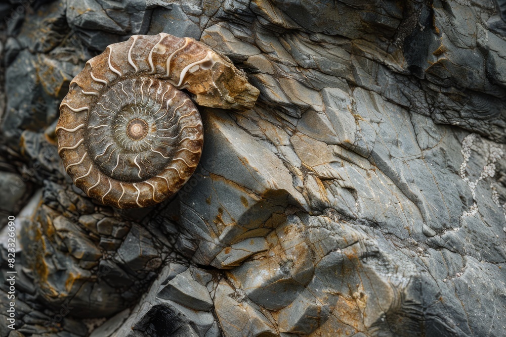 Poster Close-up of an ancient ammonite shell fossil embedded in a grey rock, representing natural history and geology