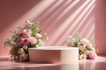 Minimalistic pink pastel background for product demonstration. A modern catwalk with a pink wall wall and flowers all around. Creative design for product presentation.