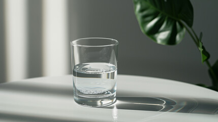Minimalist Glass of Water on White Table