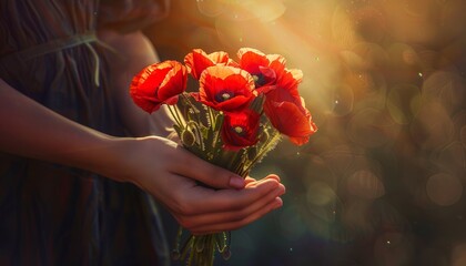A beautiful image of a woman's hands holding a bouquet of red poppy flowers, symbolizing remembrance and hope for a peaceful future