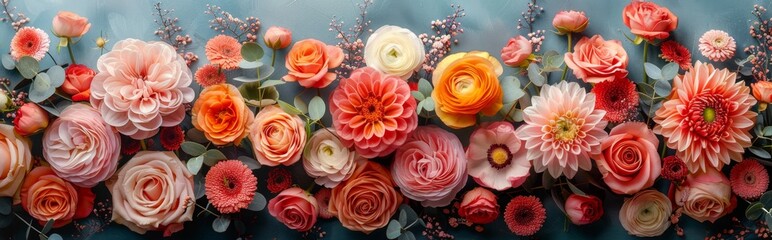 Fototapeta premium Creative layout made of various flowers. Flat lay delicate colorful bouquet as event greeting card, holiday celebration，Vibrant Floral Composition - Exquisite Arrangement of Colorful Blossoms in Stunn