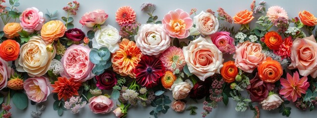 Fototapeta premium Creative layout made of various flowers. Flat lay delicate colorful bouquet as event greeting card, holiday celebration，Vibrant Floral Composition - Exquisite Arrangement of Colorful Blossoms in Stunn