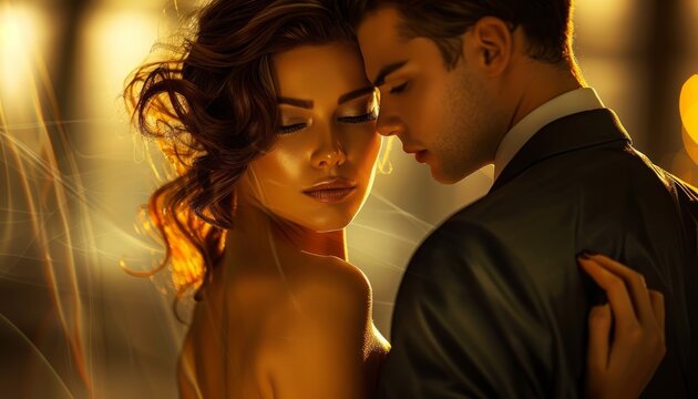 A romantic image of a sexy woman slow dancing with a businessman in a dark grey suit, capturing a moment of passion and elegance