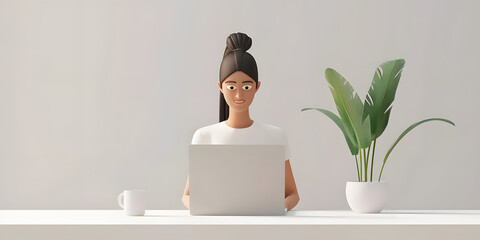 Animated woman with long black hair in a bun, wearing a white shirt, working on a laptop. The minimalist workspace features a coffee cup and a potted plant, set against a bright background.