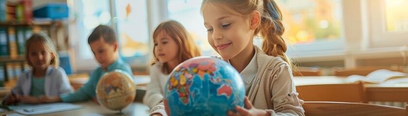 A teacher using a globe to teach geography, interactive learning, realistic, classroom setting