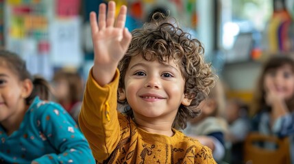 A young student raising their hand to ask a question, engaged learning, realistic, classroom setting