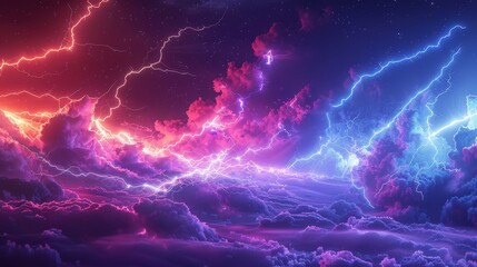 Neon Lightning Bolts Illuminating Night Sky in Retrowave Colors

