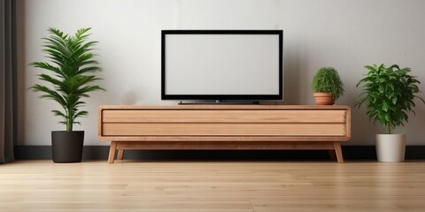 Interior home of living room with LED TV and plant on the wood cabinet on white wall