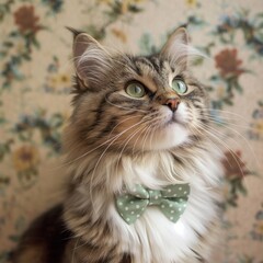 Portrait of a stylish cat wearing a green bow tie, showcasing its adorable and fashionable look. Perfect for pet lovers and animal-themed projects.
