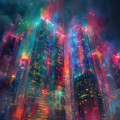 Fototapeta premium Neon Skyscrapers Towering in Neon-Lit City