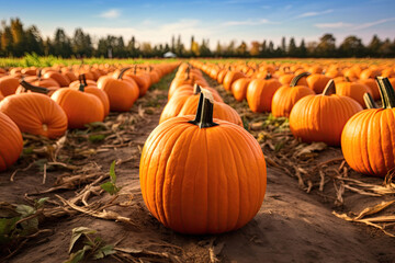Pumpkin farm field. Pumpkin patch. Generative Ai
