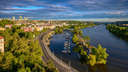Naklejka premium Beautiful spring day full of sun from Prague's Vyšehrad. View of the Vltava river.