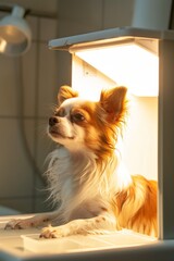 Dog under a gentle heat lamp, drying off after a bath, professional spa setting, bright and tidy, mid-angle shot, relaxing and cozy