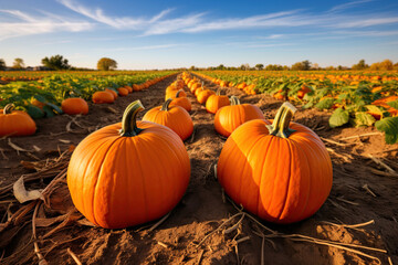 Pumpkin farm field. Pumpkin patch. Generative Ai