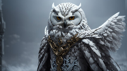 The image is a painting of a white owl with yellow eyes.