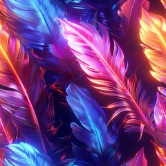 Fototapeta premium Seamless Pattern of Neon Feathers in Retrowave Colors